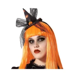 Diadema de Bruja con Mini Sombrero de Calabazas y Lazo