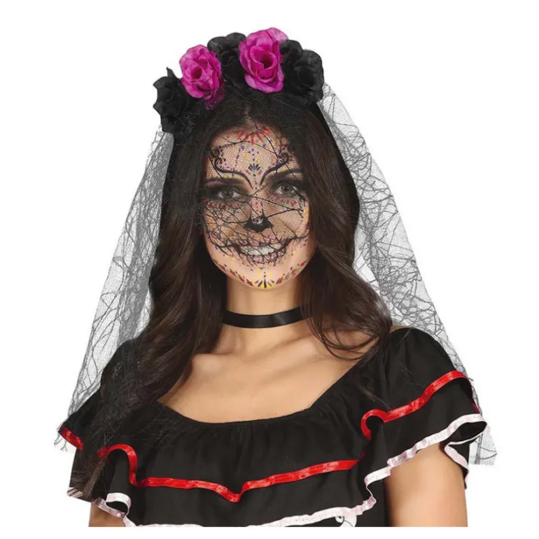 Diadema Flores Lila y Negras con Velo