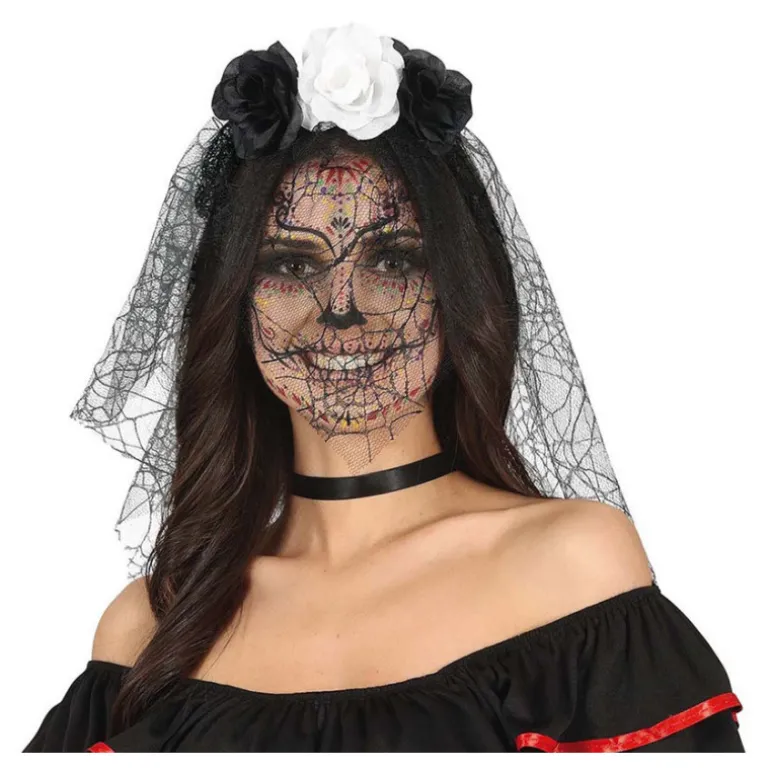 Diadema Flores Negras y Blancas con Velo