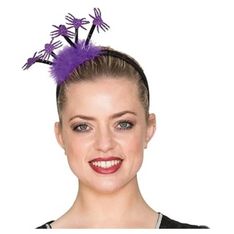 Diadema morada con plumas y arañas 23 cm