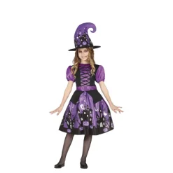 Disfraz de Bruja Morada con vestido estampado para niña