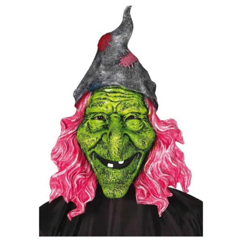 Máscara de Bruja Verde con pelo rosa