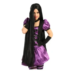 Peluca larga negra extra para Halloween y Carnaval