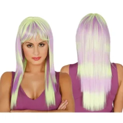 Peluca melena larga lisa amarilla y morada