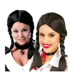 Peluca negra con dos trenzas