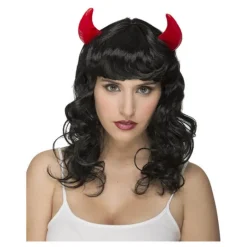 Peluca Negra ondulada con Cuernos de Demonia