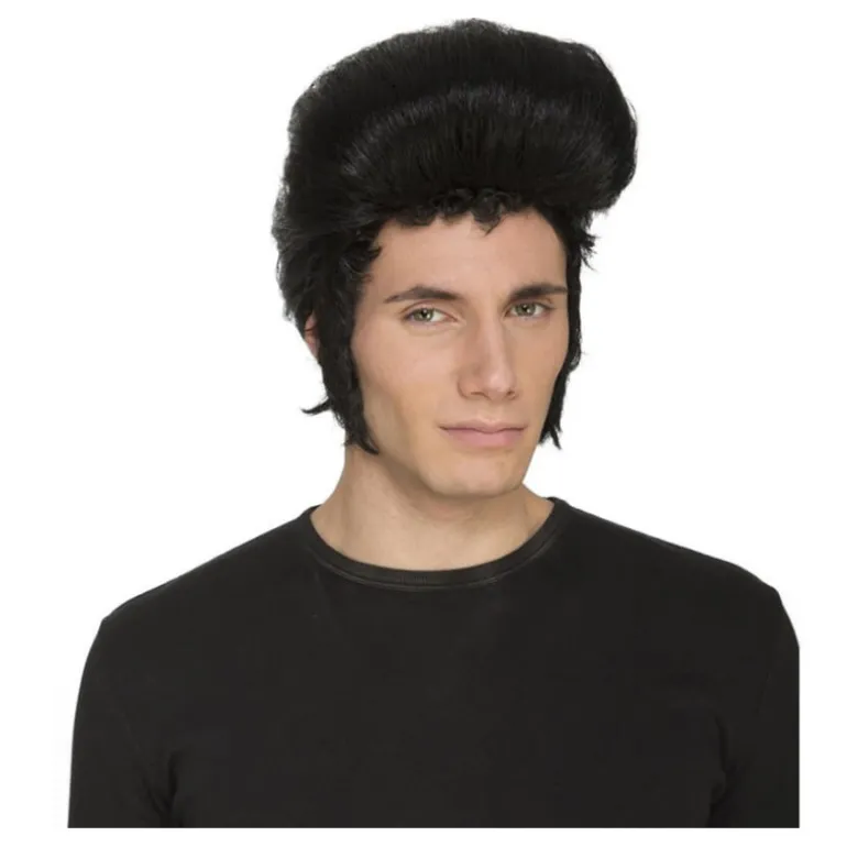 Peluca Rocker negra de Rey de Rock con Tupé