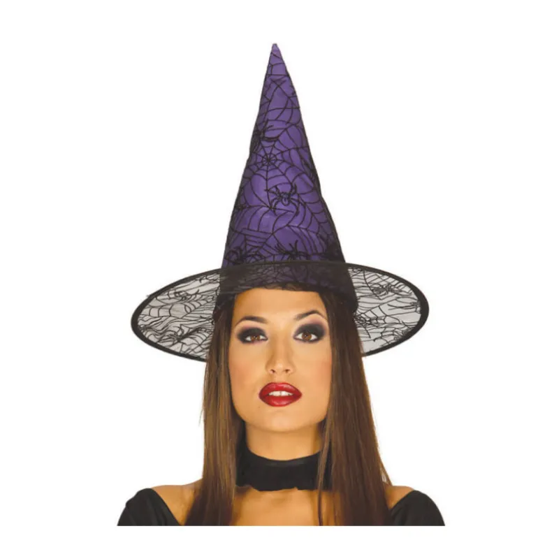 Sombrero de Bruja lila con telarañas y arañas