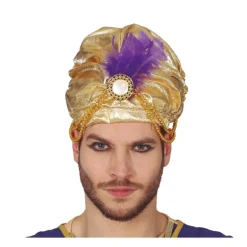 Turbante Dorado con Pluma Morada para hombre